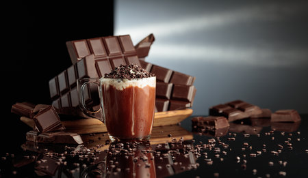 Hot chocolate with whipped cream sprinkled with chocolate crumb. On a background broken chocolate...