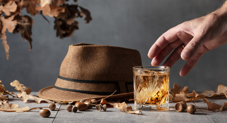 Whiskey with ice on a stone table with dried oak leaves and a man's hat.の写真素材
