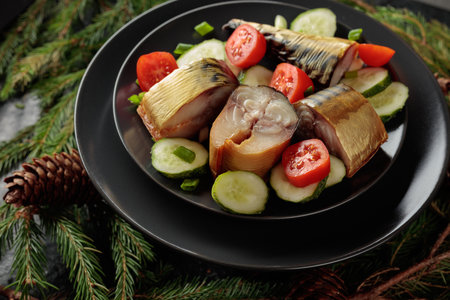 Smoked mackerel with fresh cucumbers, tomatoes and green onions on a black plate. An appetizer decorated with spruce branches and pine cones.の写真素材