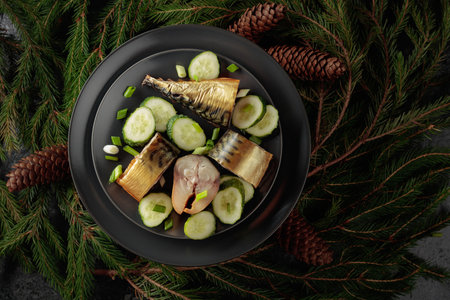 Smoked mackerel with fresh cucumber and green onions on a black plate. An appetizer decorated with spruce branches and pine cones. Top view.の写真素材