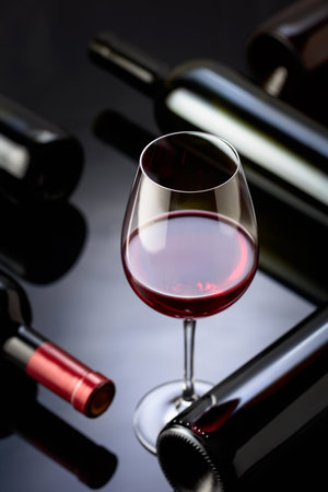 Glass and bottles of red wine on a black reflective background. Selective focus.の写真素材