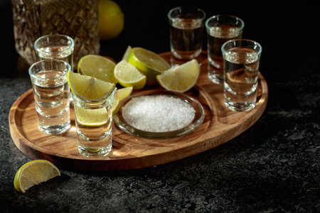 Gold tequila with salt and lime slices on a wooden tray. Copy space.の写真素材