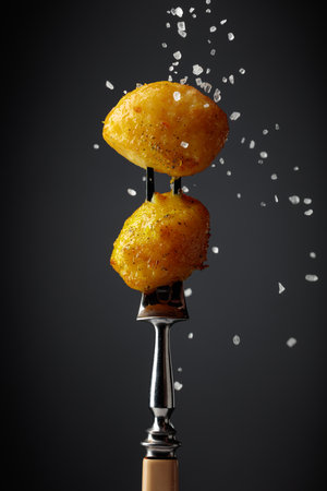 Hot roasted potatoes on a fork sprinkled with sea salt.の写真素材