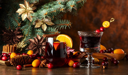 Red Christmas drinks with spices, cranberries, and citrus fruits on a background of Christmas tree....