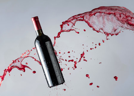 Bottle of red wine and wine splashes. Copy space.