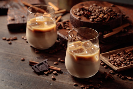 Cream and coffee cocktail in glasses with ice on an old wooden background.