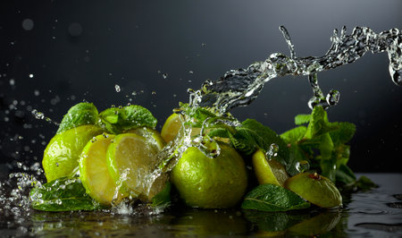 Limes and fresh mint branches on a black background. Ingredients for refreshing drinks and water splashes in motion. Copy space.の写真素材