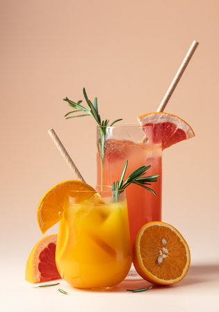 Orange and grapefruit juice in glasses with rosemary and ice.の写真素材