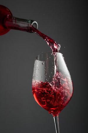 Pouring pink wine from a bottle into a glass. Gray background with copy space.の写真素材