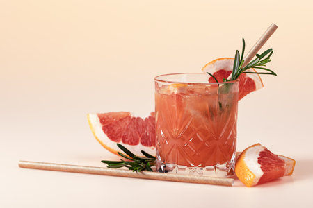 Summer cocktail with grapefruit, rosemary, and ice in a crystal glass.の写真素材