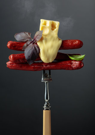 Grilled thin sausages with melted cheese and basil.の写真素材