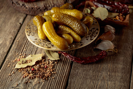 Pickled cucumbers with ingredients for making a delicious brine on an old wooden table.の写真素材