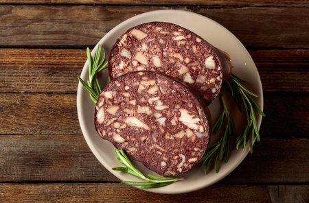 Black pudding or blood sausage accompanied by rosemary on an old wooden table.