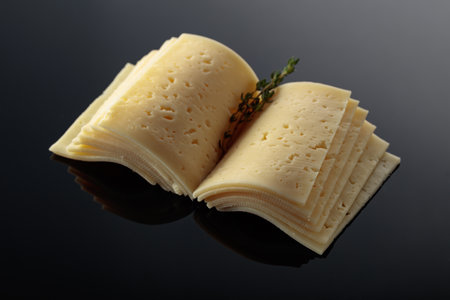 Cheese slices folded like an open book. Cheese and thyme branch on a black reflective background. Concept of the dairy products.の写真素材