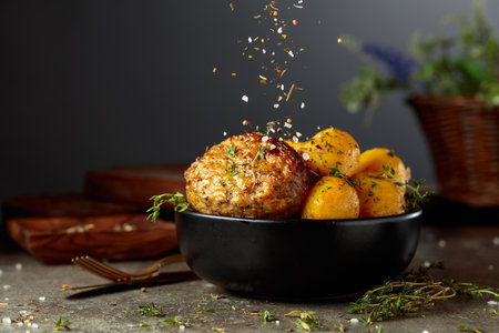 Roasted potatoes with cutlet sprinkled with spices, herbs, and sea salt mix.の写真素材