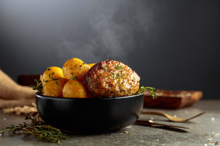 Roasted potatoes with cutlet and thyme in black dish. Copy space.の写真素材
