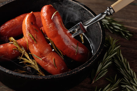 Roasted Bavarian sausages with rosemary in an old black pan.の写真素材