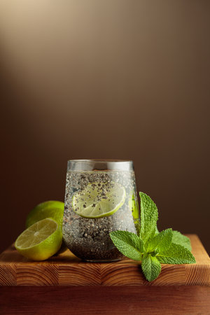 Diet vegan cocktail with chia seeds, lime, and mint. Detox diet and weight loss concept. Summer party and healthy lifestyle advertisement.の写真素材