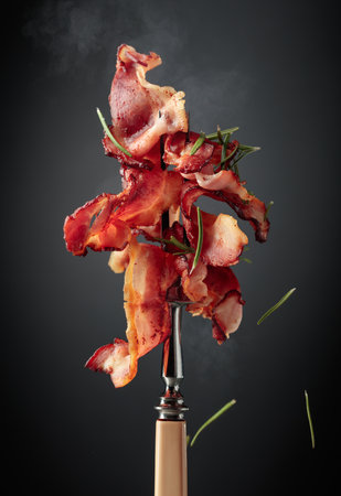 Fried bacon on a fork, sprinkled with rosemary, against a black background.の写真素材