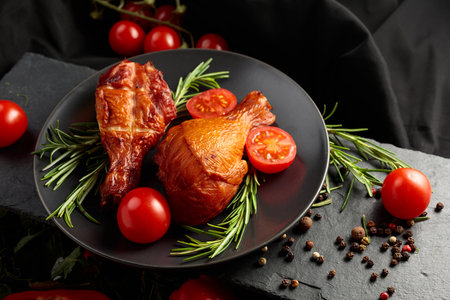 Smoked chicken drumsticks with greens and fresh vegetables on a black kitchen table.の写真素材
