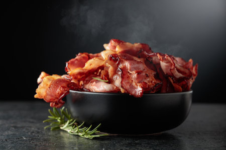 Fried bacon in a black dish with rosemary against a black background, with copy space.の写真素材