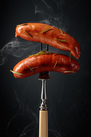 Roasted Bavarian sausages with rosemary on a fork.の写真素材