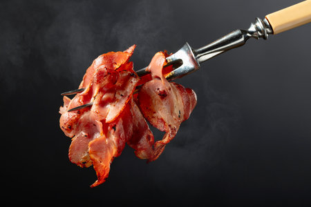Hot fried bacon slices on a black background. Roasted bacon on a fork. Copy space.の写真素材