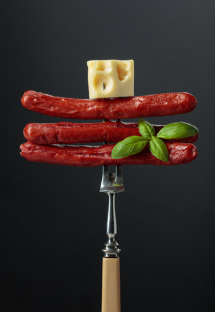 Thin sausages with cheese and basil.の写真素材