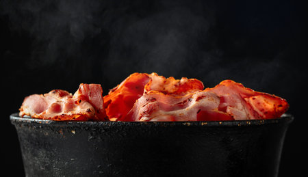 Fried bacon slices in old black pan on a black background. Copy space.の写真素材