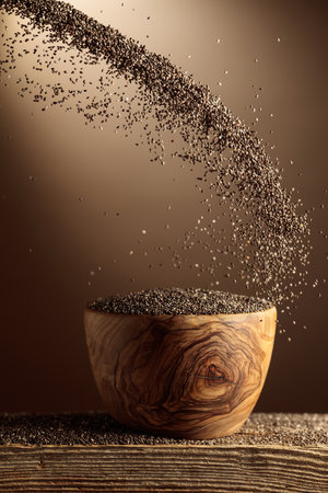 Chia seeds are poured into a wooden bowl. Beige background with copy space.の写真素材