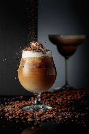 Cream and coffee cocktail sprinkled chocolate crumbs. Copy space.の写真素材
