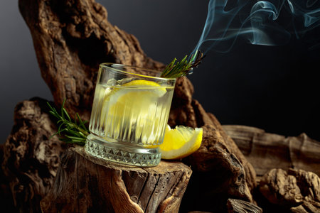 Cocktail gin and tonic over ice on an old wooden stump. Cold refreshing drink with lemon slices and sprig of rosemary.の写真素材
