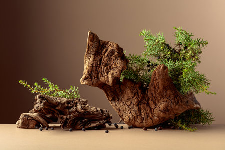 Juniper branches with berries and old wooden snags on a beige background. Copy space.の写真素材