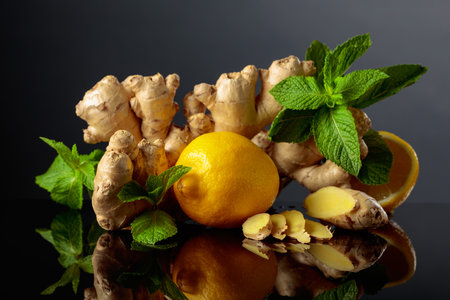 Ginger with lemon and mint on a black reflective background.