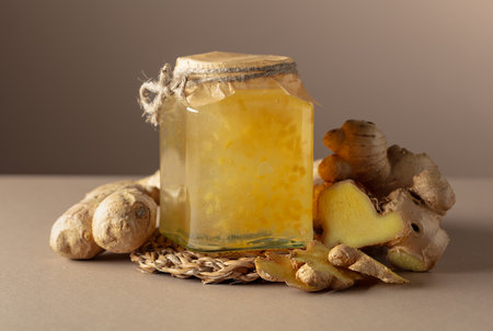 Ginger jam in small square jar and fresh ginger on a beige background.