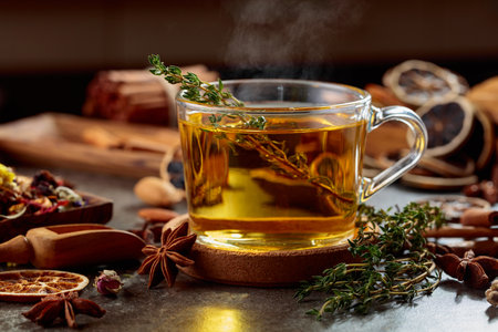 Cup of herbal tea with ingredients and spices on the kitchen table.の写真素材
