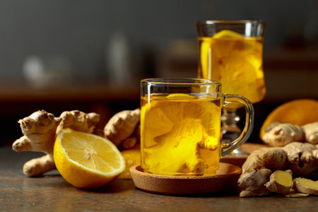 Ginger tea with lemon on a kitchen table. Copy space.