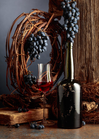 An antique bottle of port wine against the backdrop of an old weathered board, dried vine, and blue grapes. The concept of aged wines.の写真素材