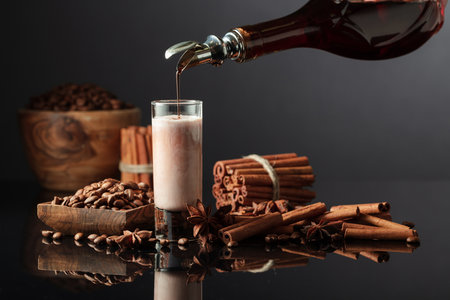 Coffee liquor is poured from a bottle into a glass with cream. Coffee beans, cinnamon sticks, and anise are scattered on the black reflective background.の写真素材