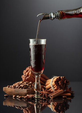 Coffee liquor is poured from a bottle into a glass. Coffee beans, cinnamon sticks, and anise are scattered on the black reflective background.の写真素材