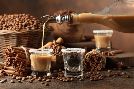 Cream and coffee liqueur is poured from a bottle into a glass. Coffee beans, cinnamon sticks, and anise are scattered on the table.の写真素材