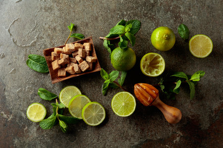 Wooden citrus squeezer and ingredients for making summer refreshing drinks. Brown sugar, limes, and fresh mint branches on a stone table. Top view.の写真素材