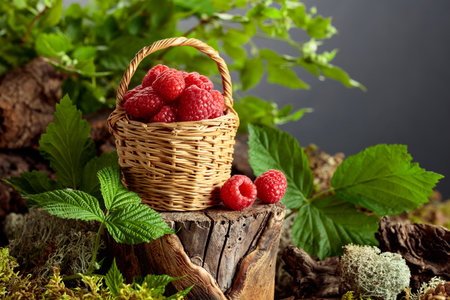 A small wicker basket filled with fresh, ripe raspberries on an old stump in forest. The vibrant red...