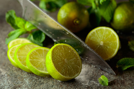 Knife, slices of lime and fresh mint on a wet stone table.