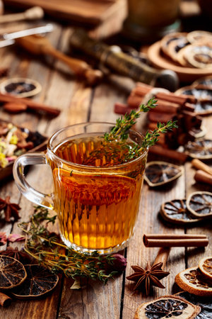 Herbal tea with thyme and dried citrus. Cup of herbal tea with ingredients and spices on an old wooden table.の写真素材