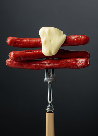 Thin grilled sausages with melted cheese on a fork.の写真素材