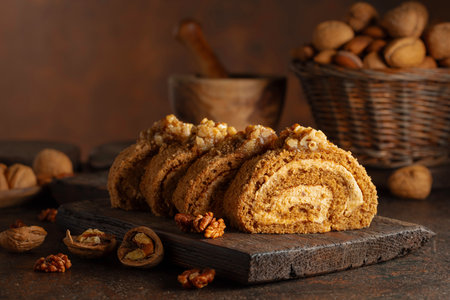 Walnut and buttercream roll: a traditional pastry. Dessert with walnuts on a brown background. Cake with brown sugar, walnuts, and cream.の写真素材