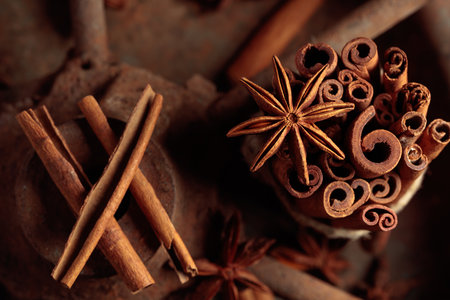 Cinnamon sticks and anise on a rusty background. Top view.