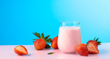 Strawberry yogurt and fresh berries. Smoothie, vitamin drink, or yogurt in on a colorful background....