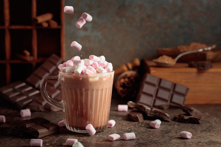 Marshmallows are poured into a mug of hot chocolate drink. A mug of hot chocolate with broken dark...